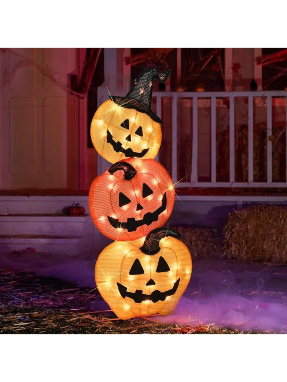 Halloween Lighted Stacked Pumpkins Decoration, Pre-Lit with 50 Warm White Lights